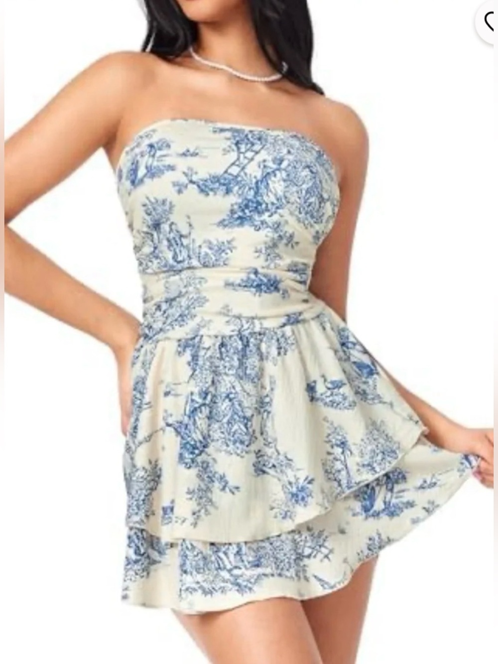 Cider Strapless Cream Mini Dress with Blue Toile Print